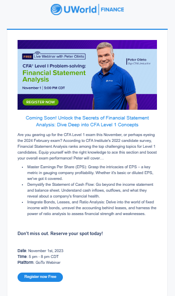 Webinar email invitation from UWorld Finance