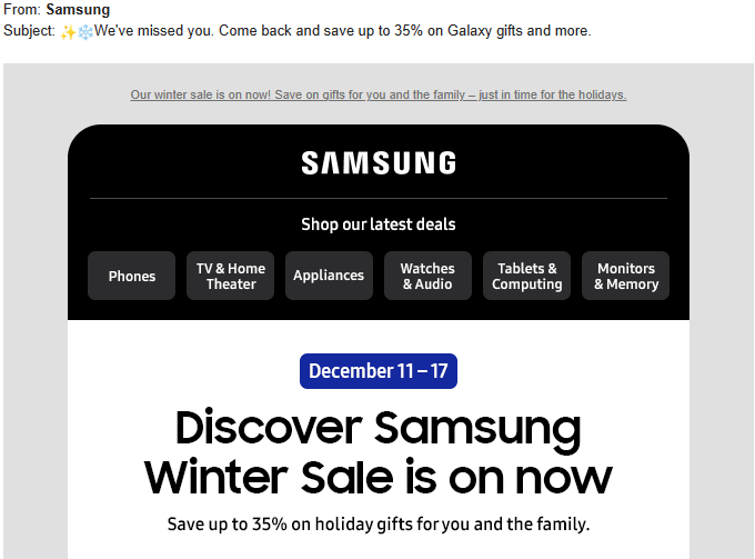 Samsung winback email 