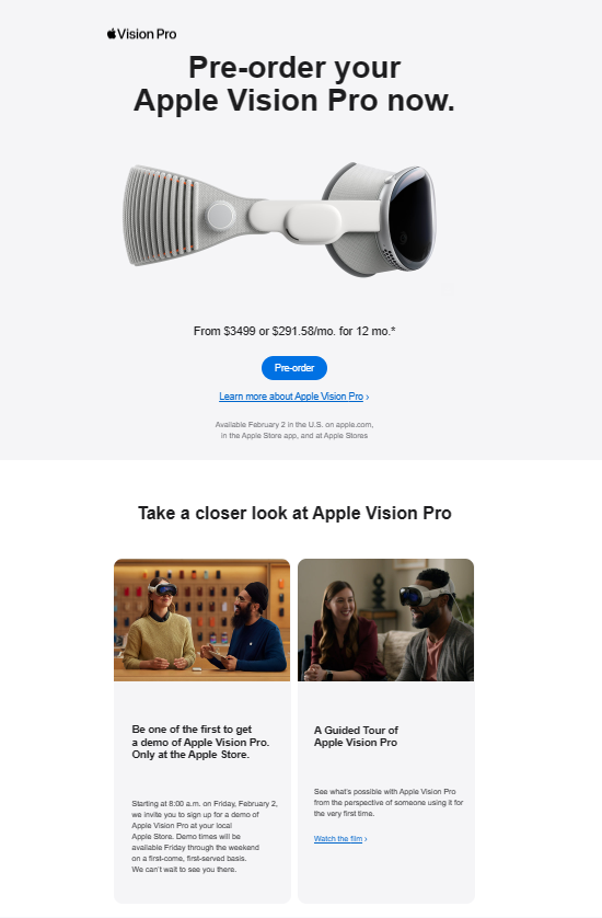 Apple's Vision Pro product launch email