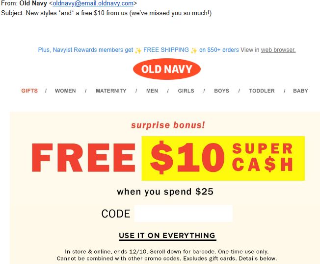 Old Navy winback email featuring store credit incentive