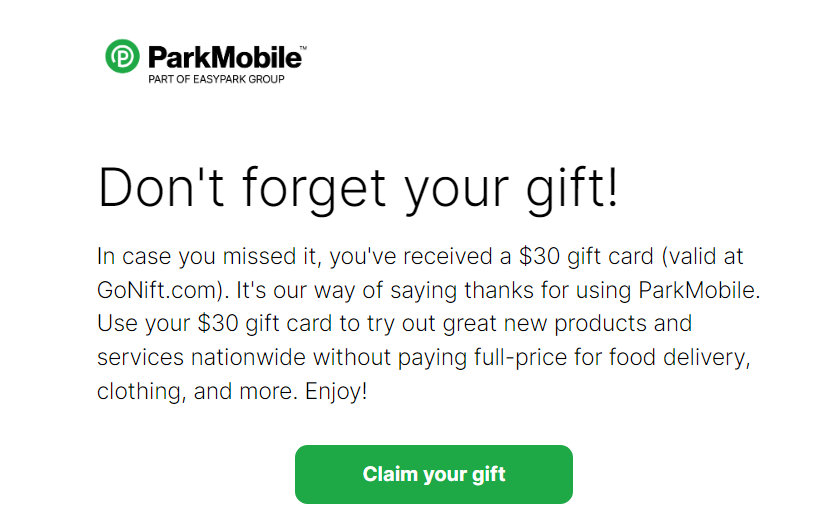 ParkMobile email reminder about an incentive.