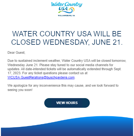 Water Country USA email notification about inclement weather and park closure