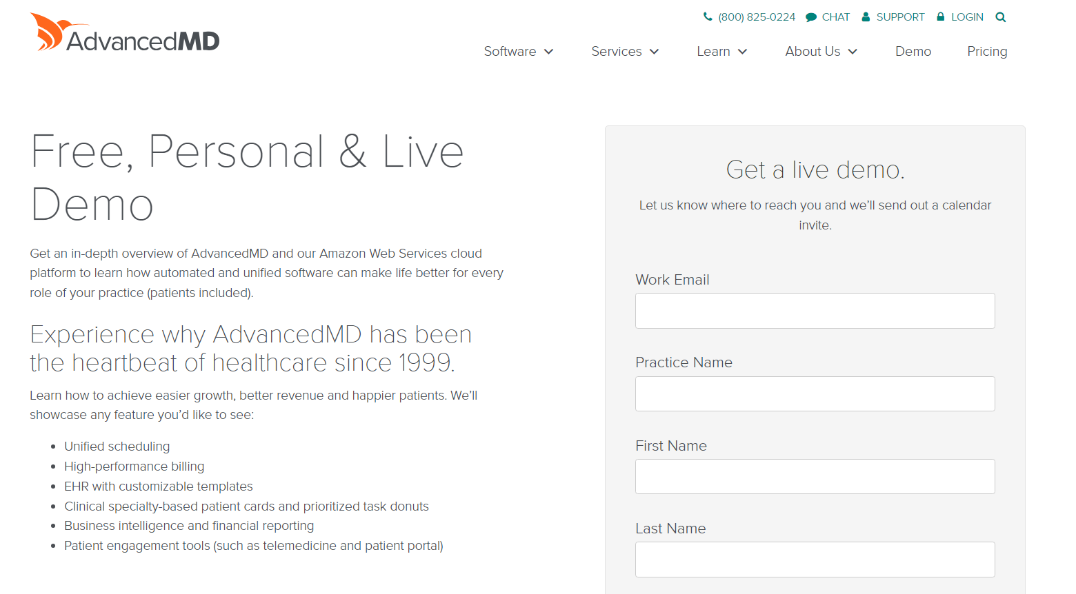 AdvancedMD signup landing page for a free demo