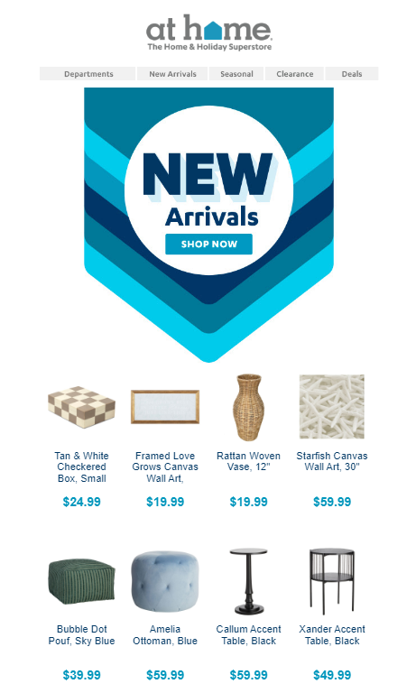 Personalized new arrivals nurture email campaign from At Home