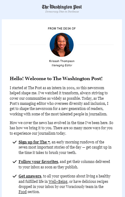 Washington Post welcome email
