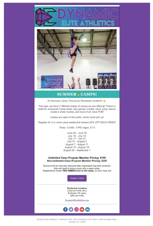 A screenshot by Dynamic Elite Athletics promoting their Rochester summer camp with dates, pricing, and a registration CTA