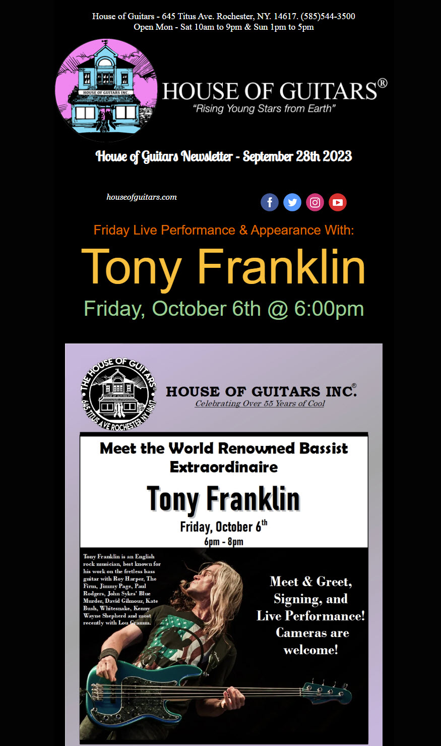 Event email sample from House of Guitars in Rochester ,NY 