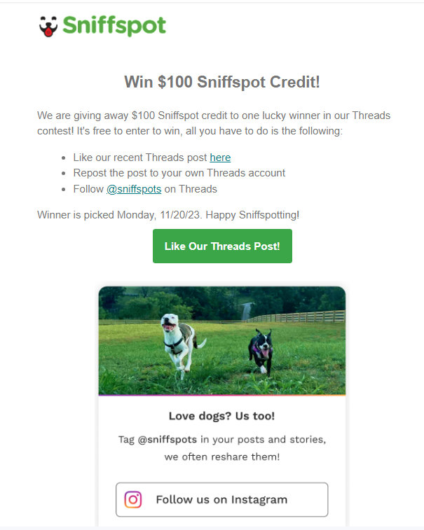 Giveaway nurture email from Sniffspot