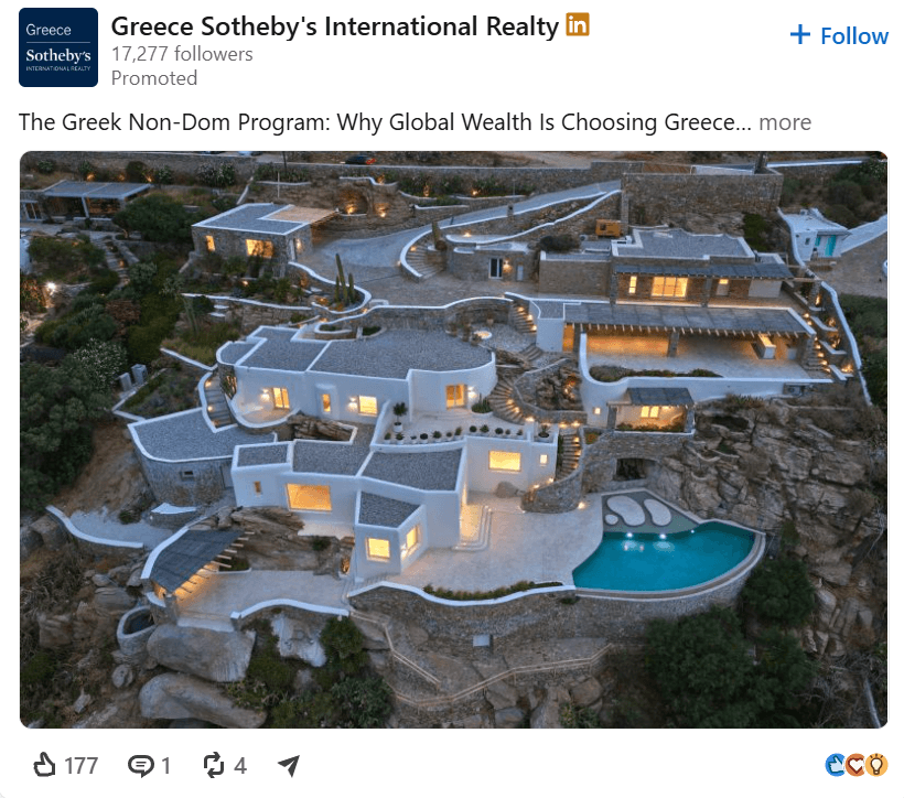 An image of a LinkedIn sponsored post by Greece Sotheby's International Realty with a link to a post about their Greek Non-Dom Program and an aerial photo of a luxury villa