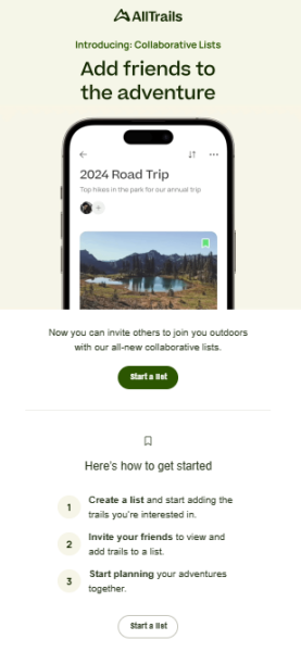 A product launch email from AllTrails announcing a collaborative trip planning feature with product imagery and a start guide.