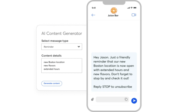 An AI-Generated sample text message announcing a new restaurant location.