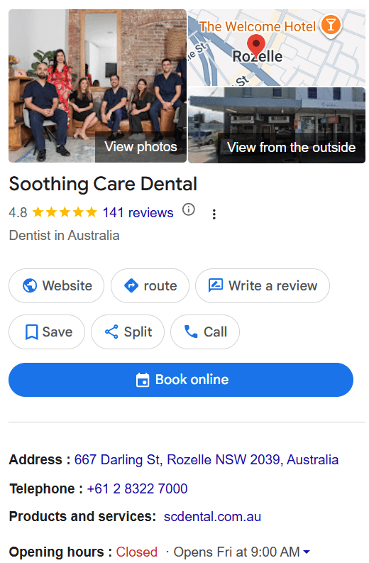 A screenshot of Soothing Care Dental's Google Business Profile featuring a 4.8-star rating, staff photos, contact details, and a "Book online" CTA button