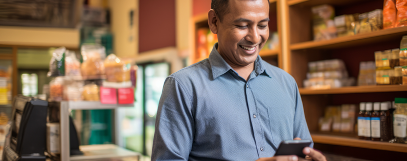 Shop owner on phone