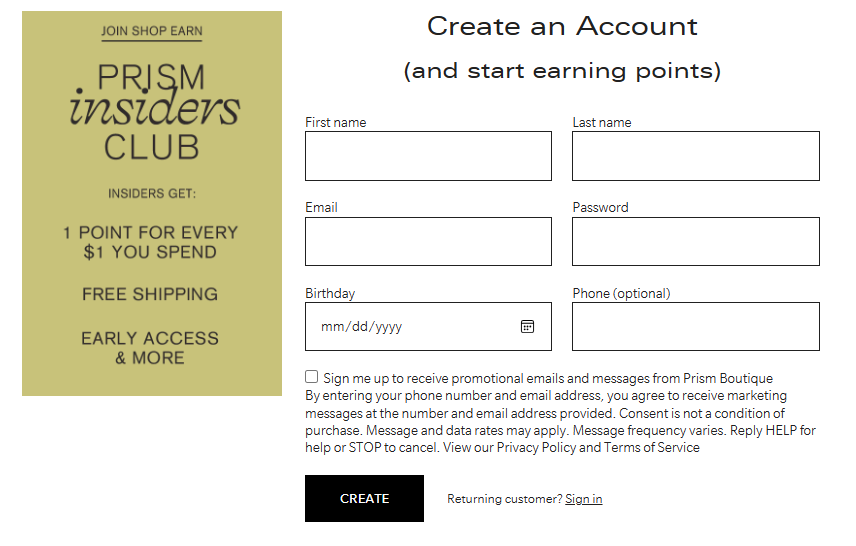 Prism Boutique SMS opt-in form