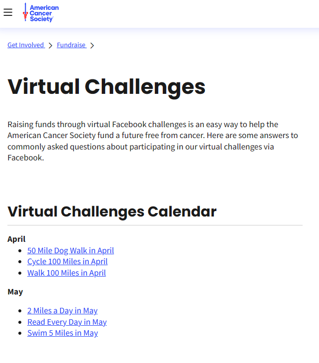 American Cancer Society virtual challenges calendar