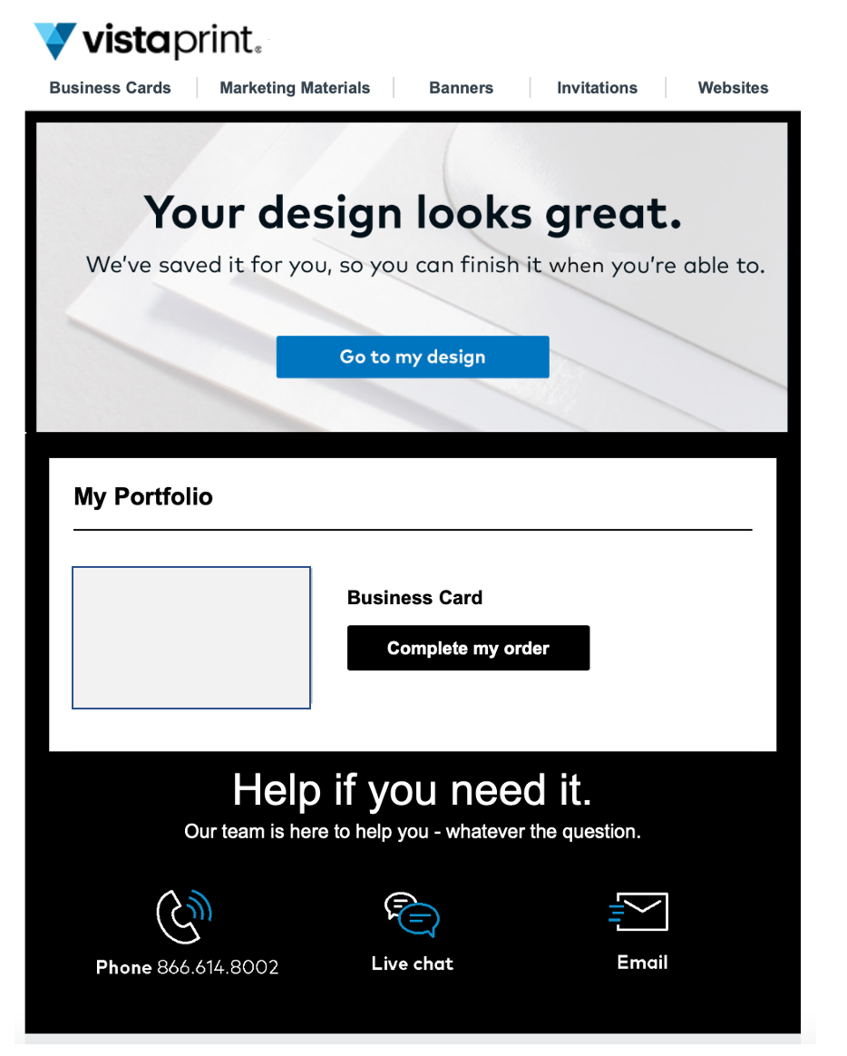 Vistaprint abandoned cart email