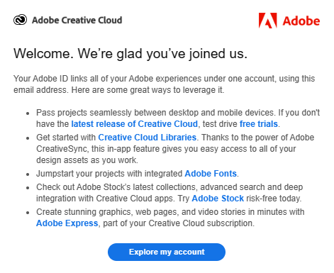 Welcome email for Adobe Creative Cloud