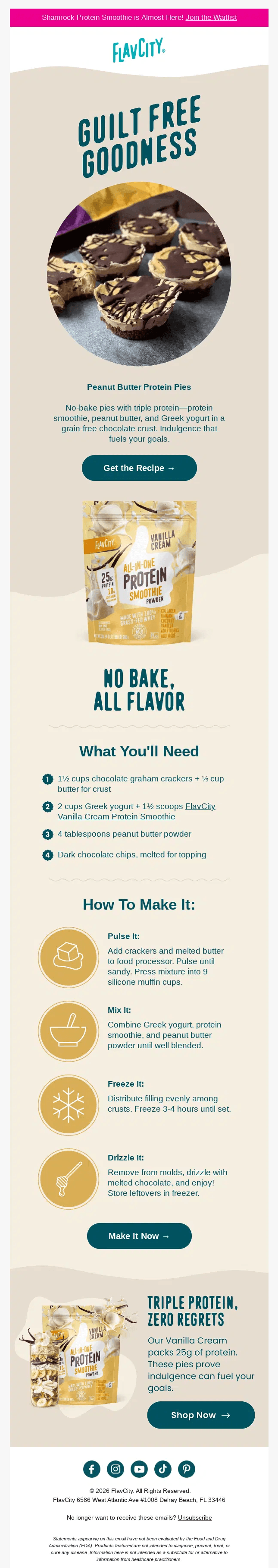 A screenshot of a promotional email from FlavCity featuring a recipe for Peanut Butter Protein Pies using their Vanilla Cream Protein Smoothie powder, with an ingredient list and step-by-step instructions