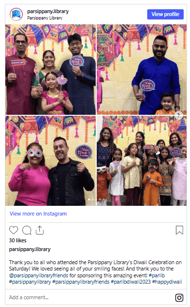 A screenshot of an Instagram post by Parsippany Library featuring a photo collage of families posing with props during a Diwali celebration event