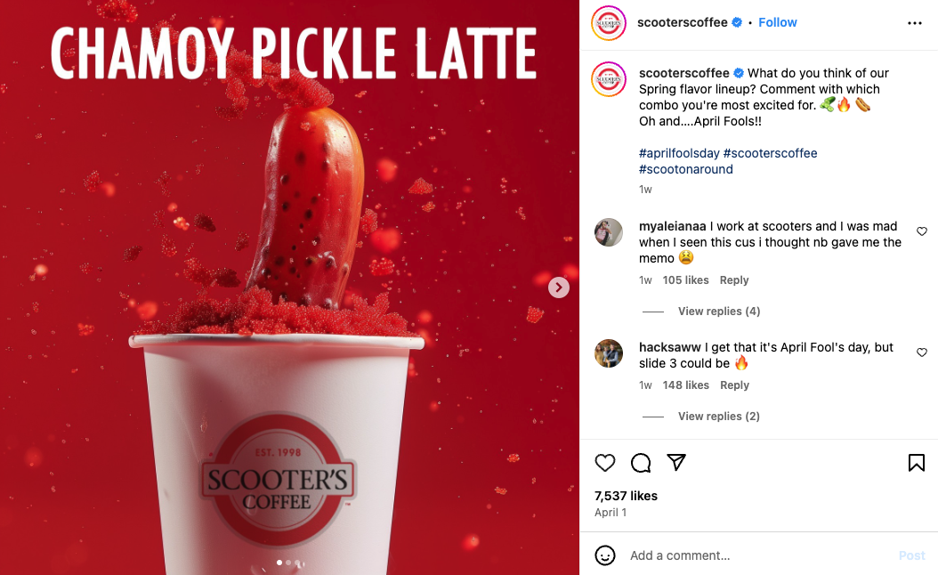 Scooters coffee instagram post for April Fools Day