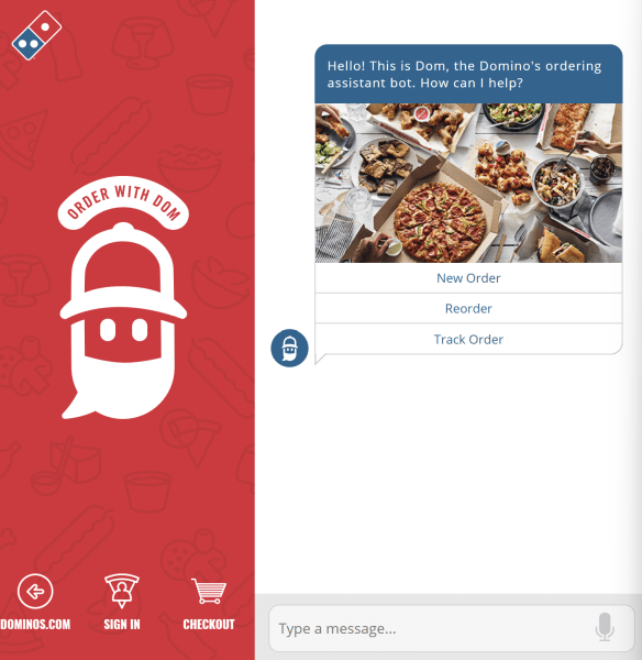 Domino's Pizza AI chatbot that takes orders, reorders previous customer purchases, and tracks deliveries.