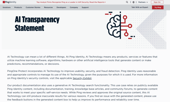 Ping Identity's AI transparency statement outlining how they use AI in marketing and data security.