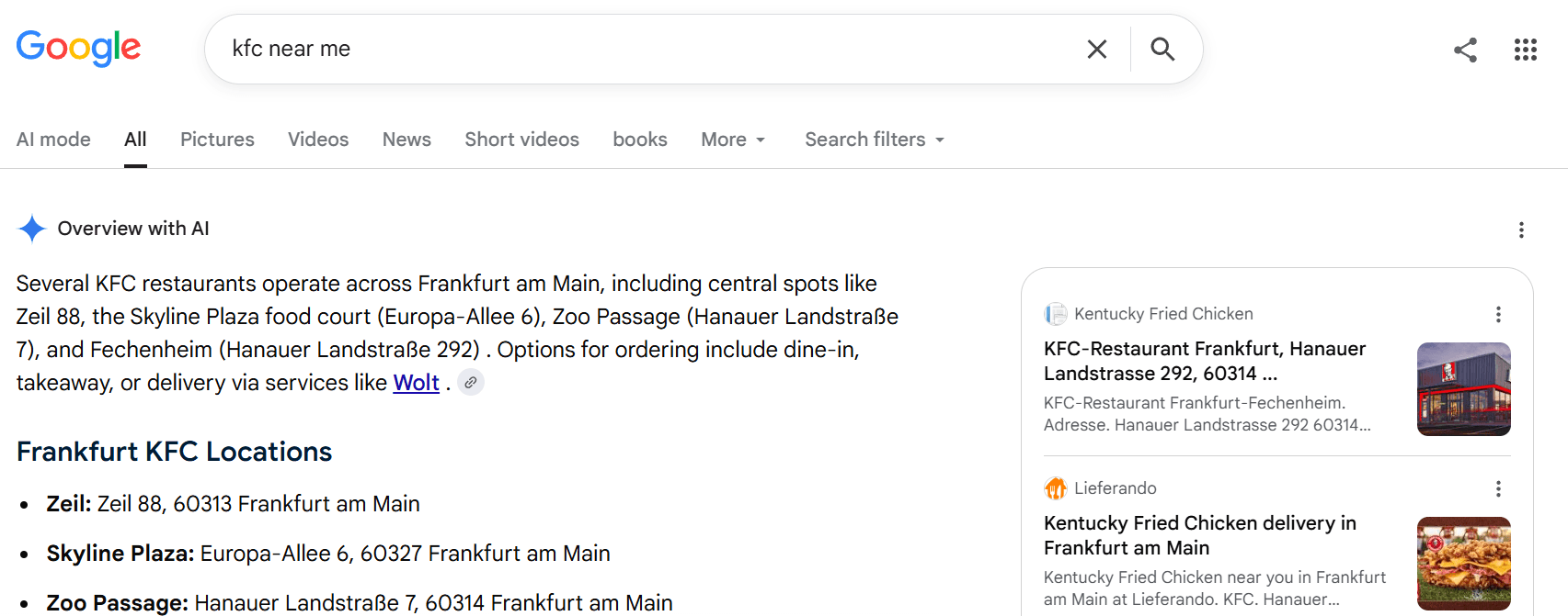 A screenshot of Google Search showing an AI Overview for the search query "kfc near me" listing KFC locations in Frankfurt.