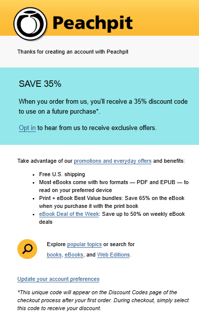 Peachpit welcome email example