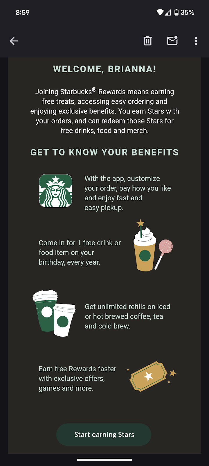 Starbuck welcome email for their rewards program