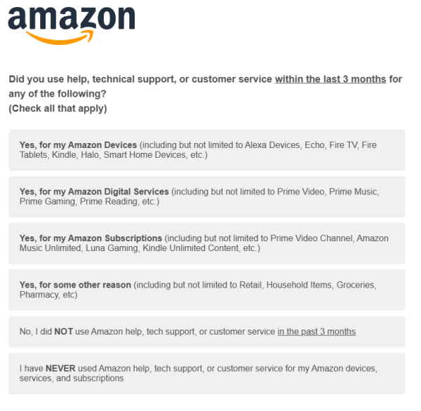 Amazon customer support survey question example
