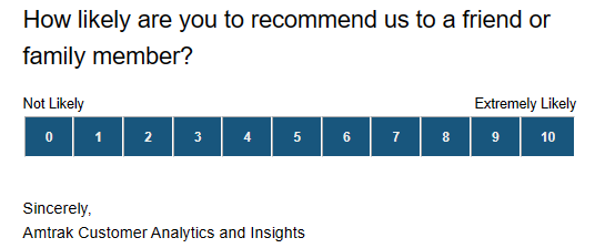 Amtrak survey question example - customer friends and family referral