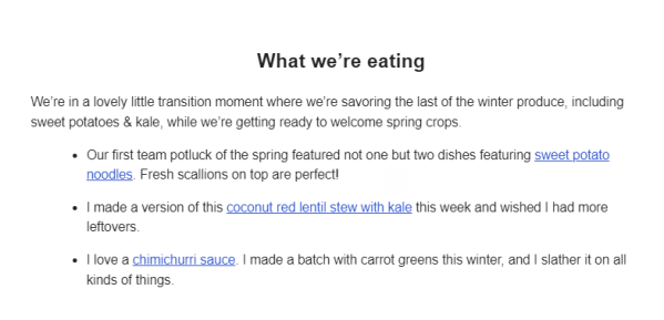 Use this Owl's Nest Farm email shares recent favorite recipe content 