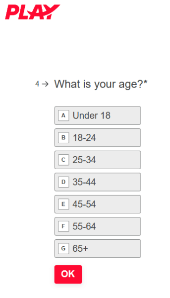 PLAY survey question example: demographic question about age.