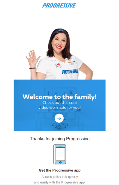 A Progressive email that prominently features Flo, their brand mascot, and links to a unique video.