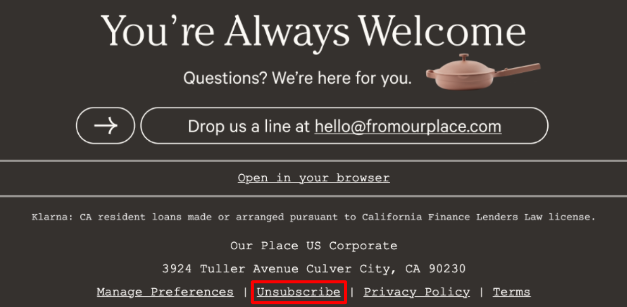 Our Place email footer with unsubscribe option