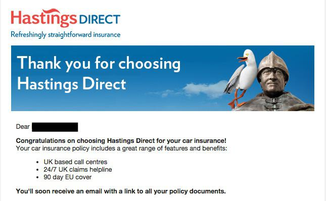 HastingsDirect welcome email
