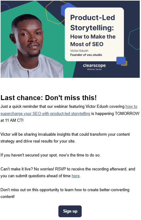 Automated webinar invitation email from Clearscope