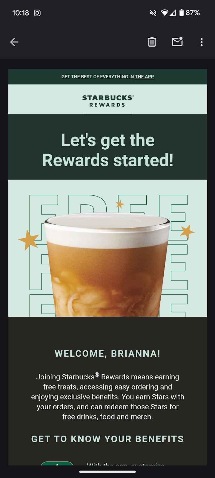 Personalized welcome email from Starbucks