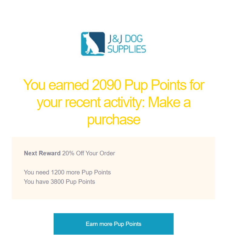 Rewards update email from J&J Dog Supplies