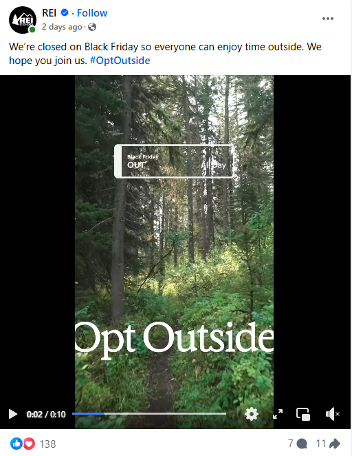 This social media campaign example from REI's Facebook encourages followers to #OptOutside