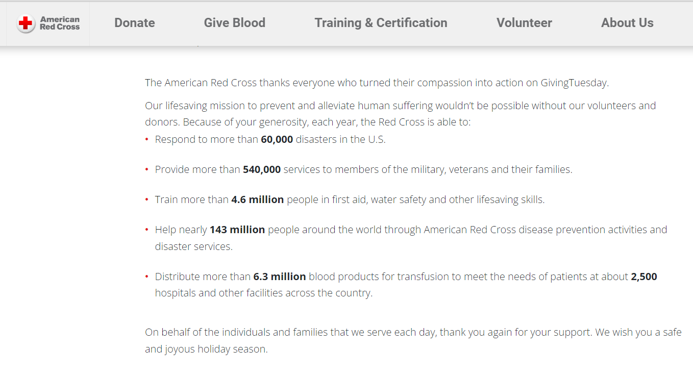 American Red Cross statistics for Giving Tuesday impact in their Thank You to donors