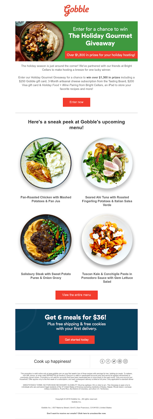 Gobble's Thanksgiving giveaway ideas include 6 meals for $36 dollars