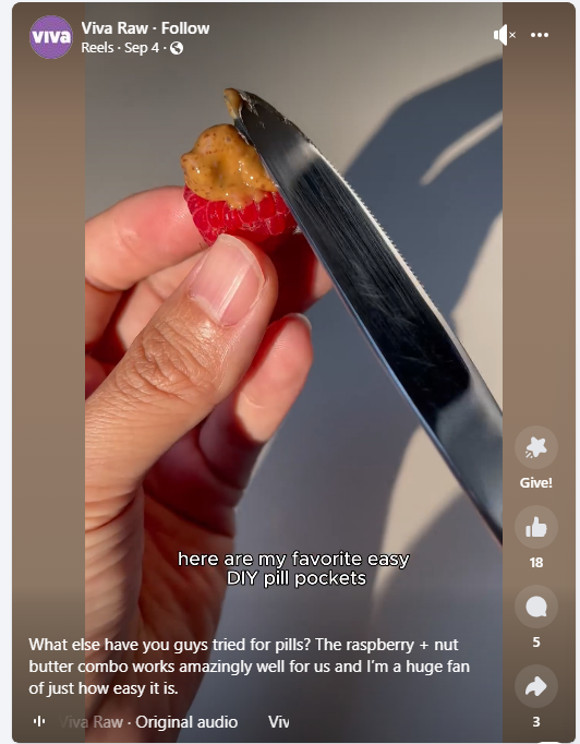 This social media campaign example from Viva Row post teaches pet owners to create pill pockets