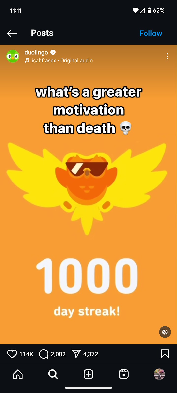 This social media campaign example from Duolingo's Instagram account uses guilt-humor to encourage their followers to complete their lessons.