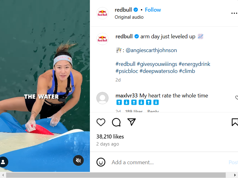 This social media campaign example includes rock-climber Angie Scarth-Johnson in partnership with Red Bull