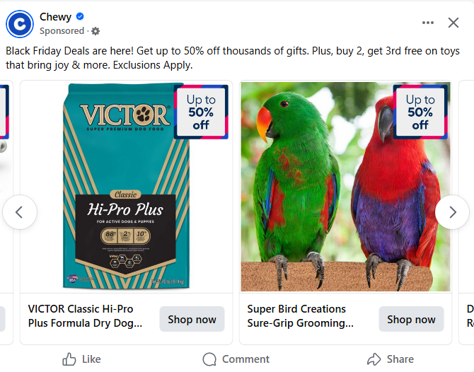 Chewy image carousels are one of their Facebook marketing tactics