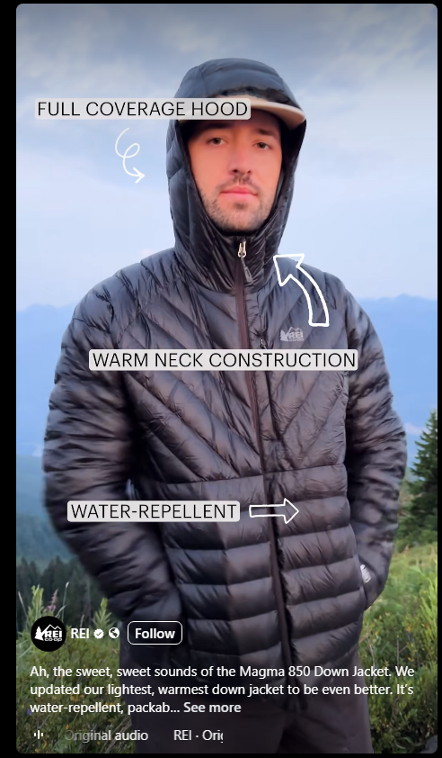 REI shares reels form Instagram as a Facebook marketing tactic