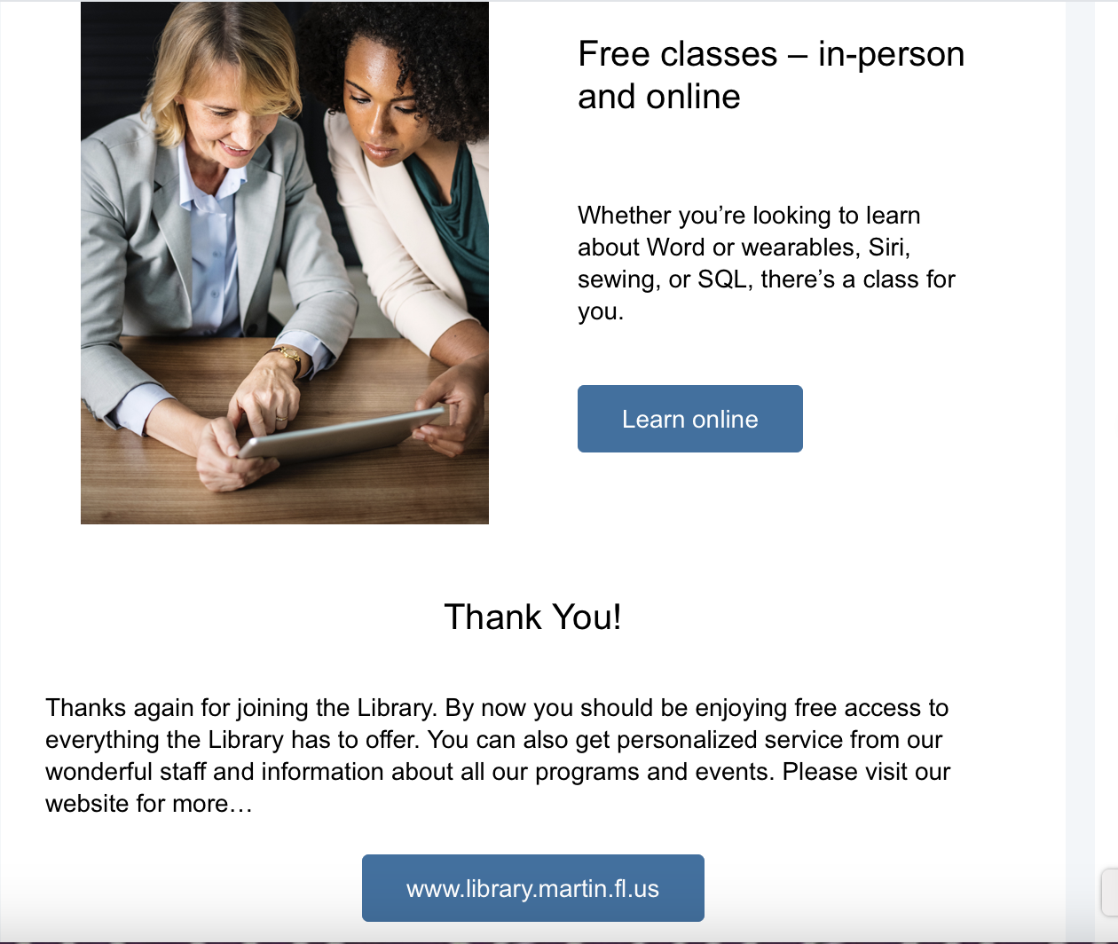 Welcome email from Martin County Library