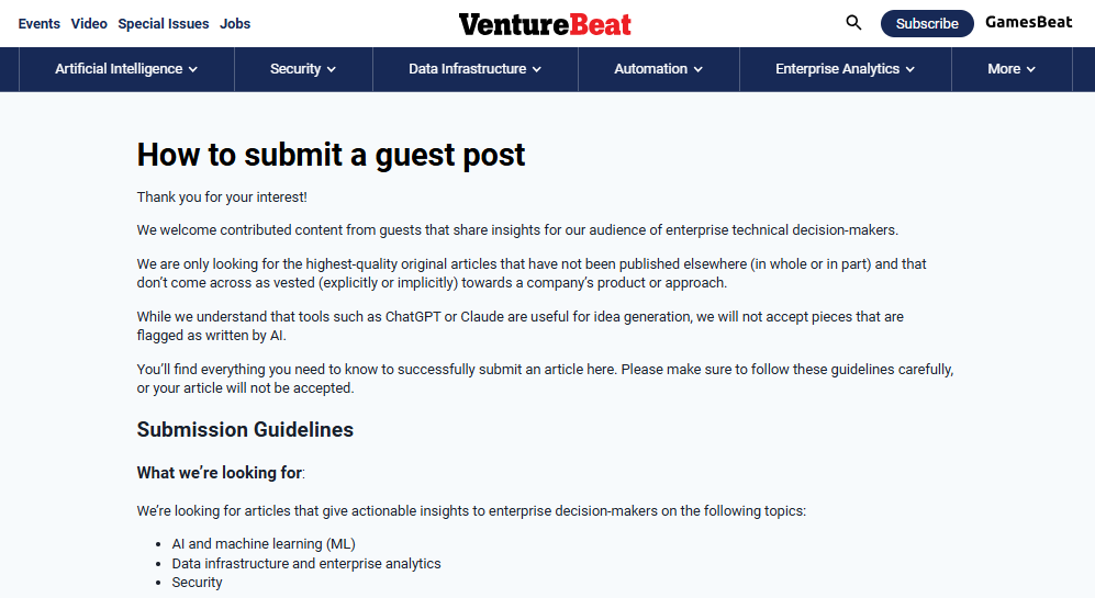 Venture Beat submit a guest post
