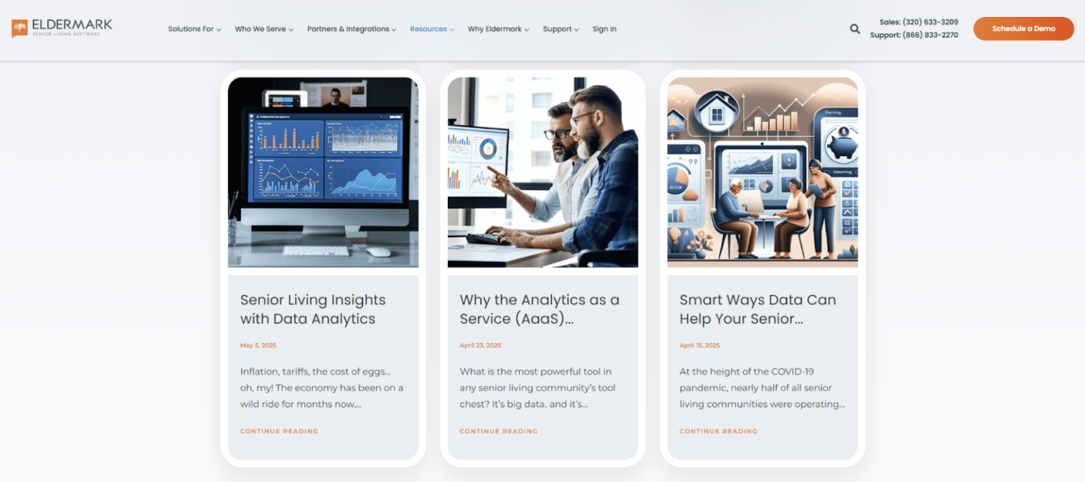 Screenshot of the Eldermark website resources page displaying three blog post cards with feature images, titles, published dates, and short article previews related to data analytics in senior living.